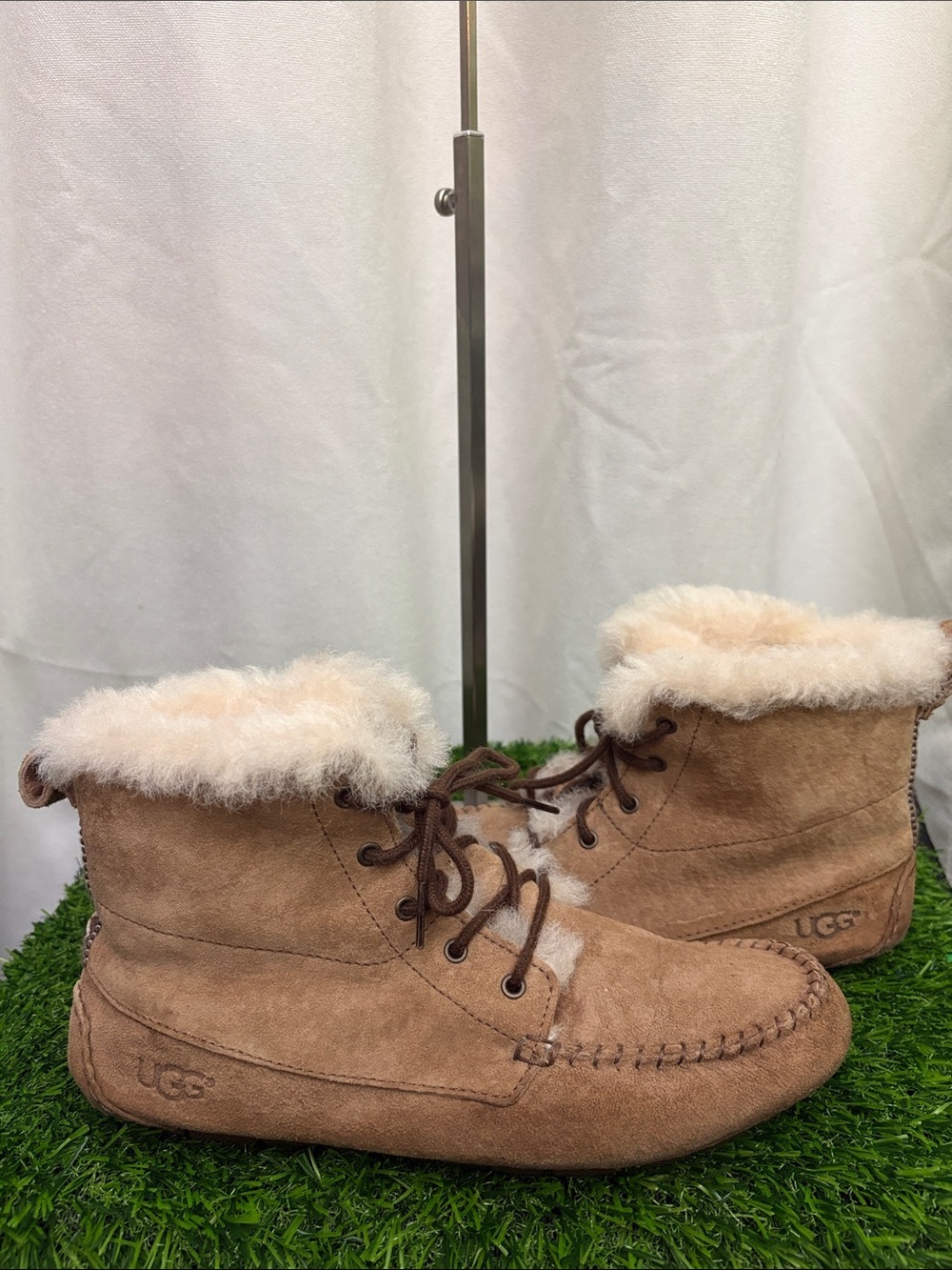 UGG Tan Suede Shearling Lace-Up Moccasin Boots